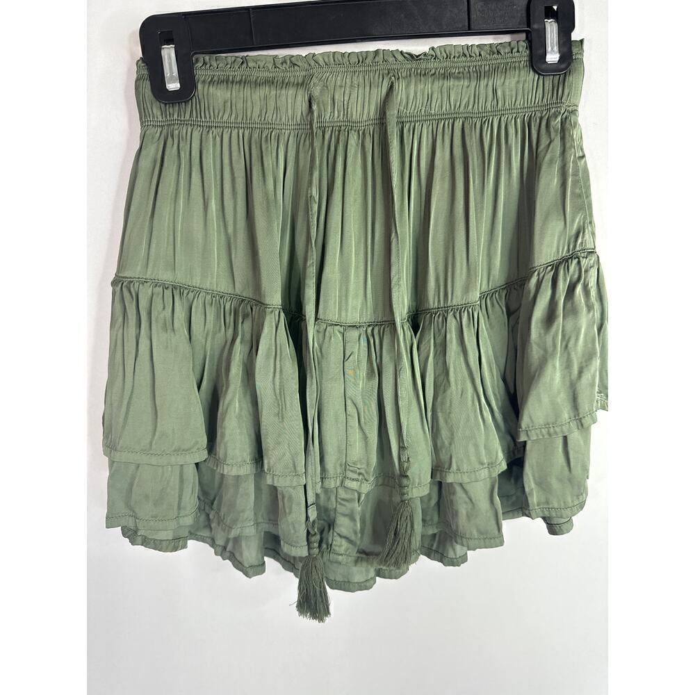 Aerie Women's Paper Bag Waist Tassel Tie Tiered Ruffle Skirt Green XS NWT